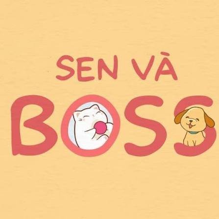 Hình ảnh chữ Sen và Boss màu hồng đáng yêu có hình minh họa mèo trắng và chó vàng