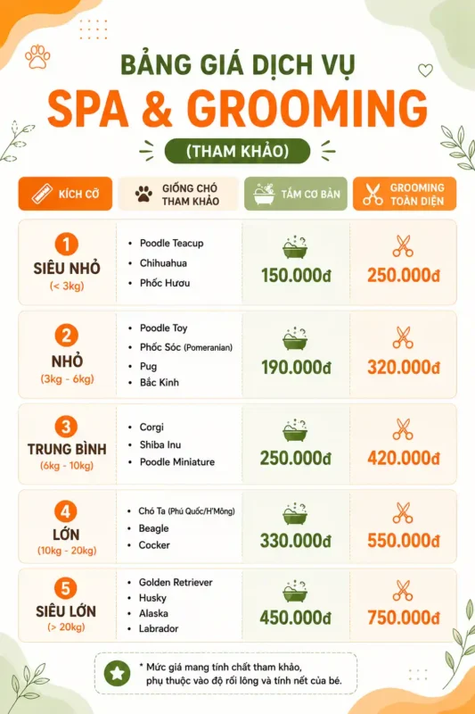 bảng giá tham khảo dịch vụ spa grooming